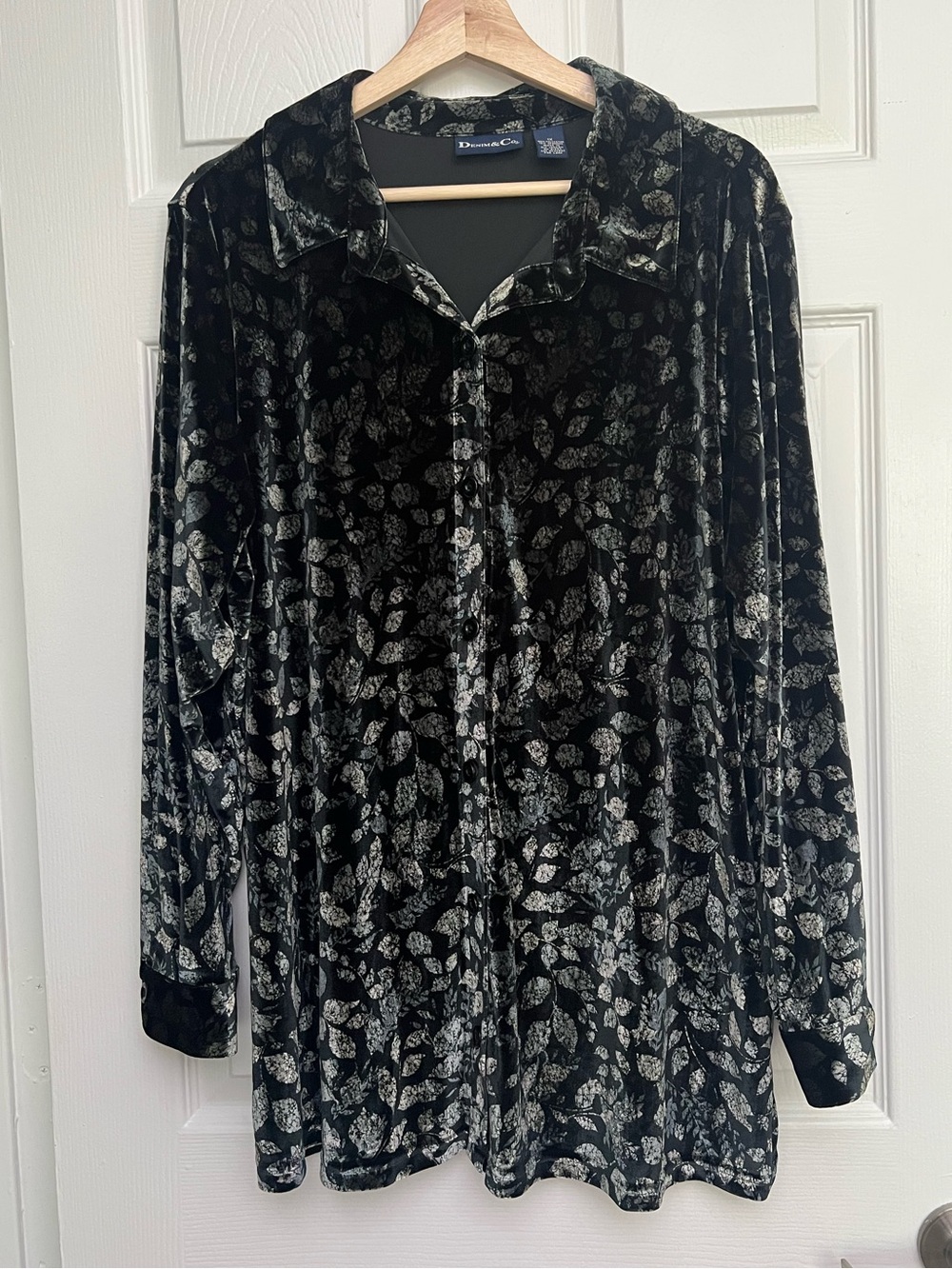 Denim & Co Velvet Leaf Print Button Down Blouse